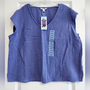 Three Dots Blue Blouse With Cap Sleeves size Large